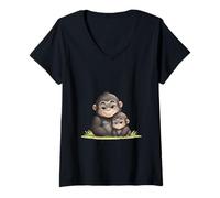 Donna Carino Gorilla Mamma e Baby Primate Amore Maglietta con Collo a V