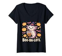 Donna Carino Halloween Axolotl Boba Tea Zucca Strega Maglietta con Collo a V