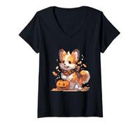 Donna Carino Halloween Corgi Cane Zucca Costume Corgi Halloween Maglietta con Collo a V