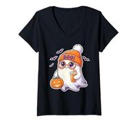 Donna Carino Halloween Fantasma Zucca Latte Boo Beanie Retro Cartoon Maglietta con Collo a V