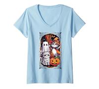 Donna Carino Halloween Gatti Trio Fantasma Strega Mummia Zucca Costume Maglietta con Collo a V