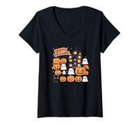 Donna Carino Halloween Haunted House Fantasmi, Zucche, Gatto Nero Maglietta con Collo a V