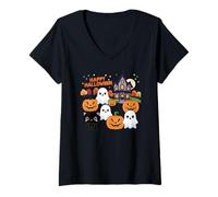 Donna Carino Halloween Haunted House Fantasmi, Zucche, Gatto Nero Maglietta con Collo a V