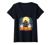 Donna Carino Halloween Haunted House Fantasmi, Zucche, Gatto Nero Maglietta con Collo a V