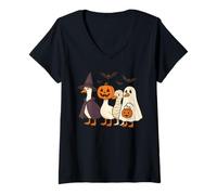 Donna Carino Halloween Oca Strega Zucca Mummia e Fantasma Maglietta con Collo a V