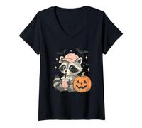 Donna Carino Halloween Raccoon Indossare Baseball Cap Boba Pumpkin Maglietta con Collo a V