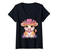 Donna Carino Highland Cow Scottish Bovini Pelosa Mucca Ragazza Grafica Maglietta con Collo a V