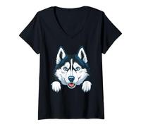 Donna Carino Husky Sbirciando Cucciolo Divertente Siberian Husky Amante dei Cani Maglietta con Collo a V