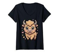 Donna Carino Kawaii Bison Cartoon per i Bambini Maglietta con Collo a V