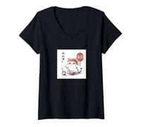 Donna Carino Kawaii Gatto Giapponese Mangiare Riso Anime Manga Ramen Divertente Maglietta con Collo a V