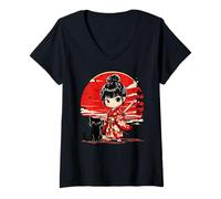 Donna Carino Kawaii Samurai Ragazza e Gatto Anime Giapponese Bambini Ragazze Maglietta con Collo a V