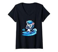 Donna Carino Kawaii Zebra Surfer Cartoon Summer Waves Maglietta con Collo a V