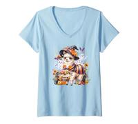 Donna Carino Llama Strega Halloween Candy Spooky Fall Maglietta con Collo a V
