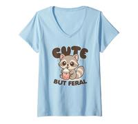 Donna Carino Ma Feral Cartoon Kawaii Raccoon Bere Boba Grafica Maglietta con Collo a V