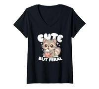 Donna Carino Ma Feral Cartoon Kawaii Raccoon Bere Boba Grafica Maglietta con Collo a V