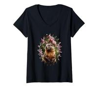 Donna Carino Marmotta Con Rosa Rododendro Sfondo Maglietta con Collo a V