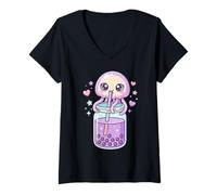 Donna Carino Meduse Bere Boba Tea Kawaii Bubble Tea Anime Maglietta con Collo a V