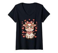 Donna Carino Mucca con Cuore Occhiali Amore San Valentino Maglietta con Collo a V