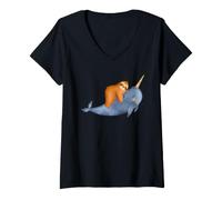 Donna Carino Narvalo e Bradipo Amicizia Kawaii Ocean Animal Art Maglietta con Collo a V