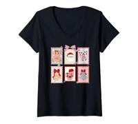 Donna Carino Natale Postage Patchwork Babbo Natale Albero Candy Cane Orso Maglietta con Collo a V