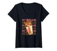 Donna Carino Orso Bubble Tea Kawaii Stile Giapponese Maglietta con Collo a V