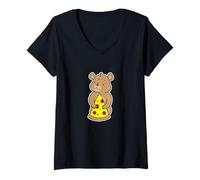 Donna Carino Orso Cucciolo Abbracciare Pizza Slice Maglietta con Collo a V
