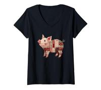 Donna Carino Patchwork Pig Rustico Fattoria Country Maglietta con Collo a V