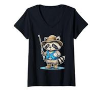 Donna Carino Pesca Procione Kawaii Animali Bambini Pesca Maglietta con Collo a V