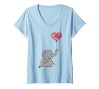 Donna Carino Piccolo Elefante Comico Che Tiene Rosso Colorato Cuore Palloncino Maglietta con Collo a V