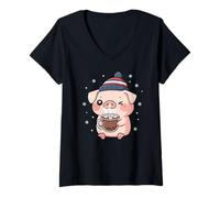 Donna Carino Piggy Inverno Cioccolata Calda Fiocchi di Neve Maglietta con Collo a V