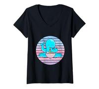 Donna Carino Polpo Mangiare Ramen Noodles Retro Tramonto Divertente Maglietta con Collo a V