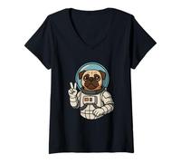 Donna Carino Pug Astronauta Space Explorer Art Maglietta con Collo a V