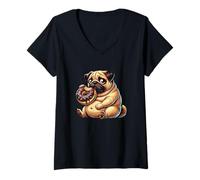 Donna Carino Pug Mangiare Ciambella Dolce Cartoon Divertente Maglietta con Collo a V