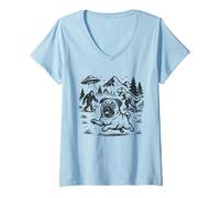Donna Carino Pug Pet Escape da UFO Alien Bigfoot Maglietta con Collo a V
