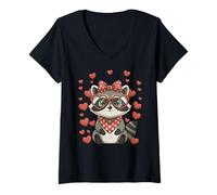 Donna Carino Raccoon Cuore Occhiali Amore San Valentino Maglietta con Collo a V