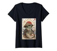Donna Carino Rana Mangiare Ramen Giapponese Noodle Retro Otaku Maglietta con Collo a V