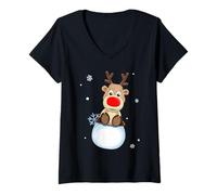 Donna Carino Rudolph Red Nosed Renna Fiocchi di Neve Buon Natale Maglietta con Collo a V