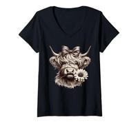 Donna Carino Scottish Highland Mucca Girasole Madri Day Farmer Maglietta con Collo a V