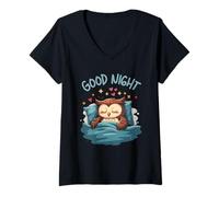 Donna Carino Sleepy Owl Buona Notte Bedtime Illustrazione Maglietta con Collo a V