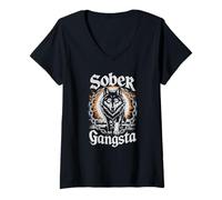 Donna Carino Sober Gangsta Lupo AA Achiever NA Obiettivo Vivente Mamma Maglietta con Collo a V