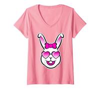 Donna Carino sorridente coniglietto felice faccia con occhiali da sole rosa e un fiocco Maglietta con Collo a V