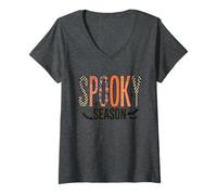 Donna Carino Spooky Stagione - Retro Bats Ghost Pumpkin Fall Vibes Maglietta con Collo a V