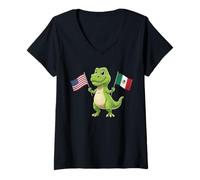 Donna Carino T-Rex Holding USA E Messico Bandiera Misto Culture Bambini Maglietta con Collo a V