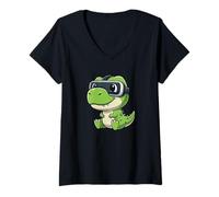 Donna Carino T-Rex Virtual Reality Gamer Cartoon Maglietta con Collo a V
