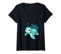 Donna Carino Tartaruga Cartoon Teal Blu Mare Subacqueo Bella Maglietta con Collo a V