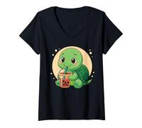 Donna Carino Tartaruga Kawaii Anime Bere Bubble Tea Ragazza Bambini Maglietta con Collo a V