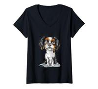 Donna Carino Tricolore Cavalier King Charles Spaniel Cucciolo Art Maglietta con Collo a V