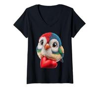 Donna Carino Uccello Colorato Che Tiene Cuore Rosso Divertente Illustrazione Arte Maglietta con Collo a V