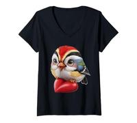 Donna Carino Uccello Colorato Che Tiene Cuore Rosso Divertente Illustrazione Arte Maglietta con Collo a V