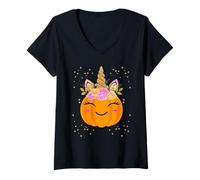 Donna Carino unicorno zucca divertente Halloween per ragazze bambini costume Maglietta con Collo a V